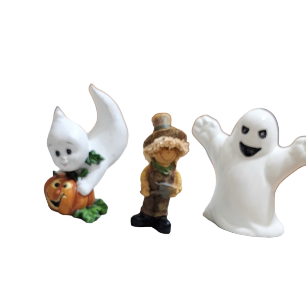 Three little  vintage ceramic Halloween decor two ghosts and one scarecrow